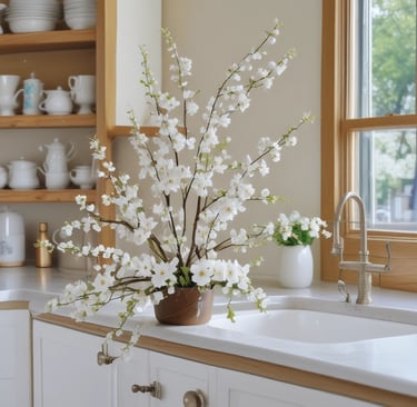 white cherry blossoms in kitchen in ceramic pot