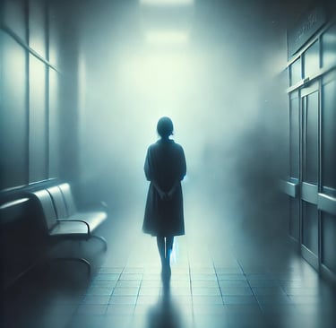 A woman leaves a hospital, the blurred world around her evokes detachment, transition, introspection