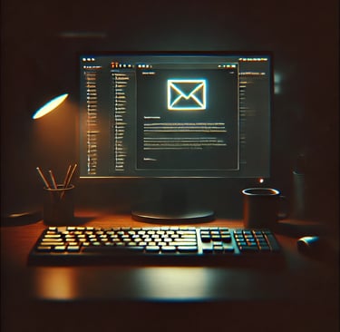 Glowing computer screen in a dim office, blinking cursor on a partially typed email, awaiting action