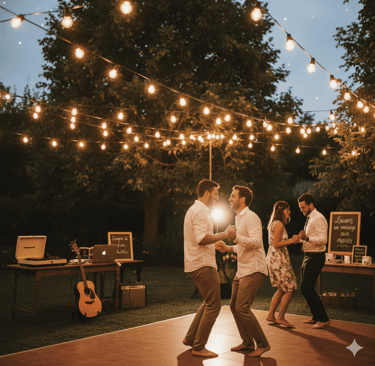 Invités dansant sous guirlandes, image d’un mariage petit budget festif
