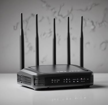 A cozy home office setup with a laptop, a cup of coffee, and a stable Wi-Fi router in the background.