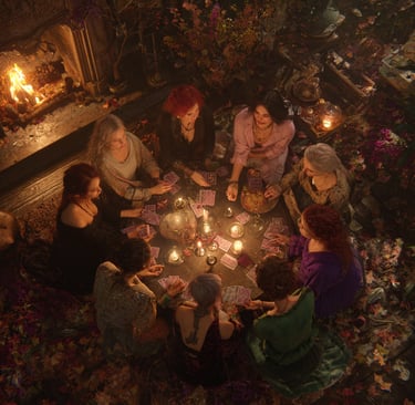 Un cercle de femmes assises autour d'une table avec des bougies et des cartes d'oracle.