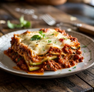 Slice of keto zucchini lasagna with layers of meat sauce and cheese.