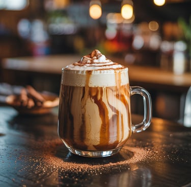 Creamy Lion’s Mane Vanilla Maple Latte in a ceramic mug, topped with cinnamon, placed on a rustic wo