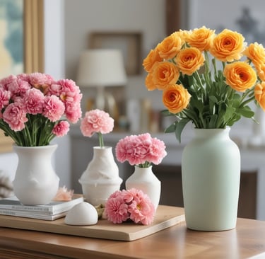 pink flowers on kitchen surface in white pots