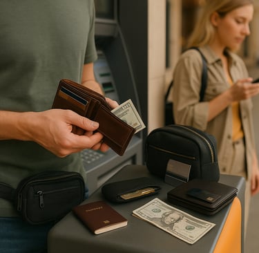 A man stands at an indoor ATM holding an open brown wallet with visible cash and cards. A black money pouch is strapped aroun