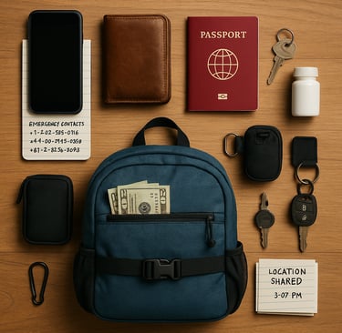 A neatly arranged flat lay of emergency travel essentials on a wooden surface. Items include a smartphone on a notepad labele