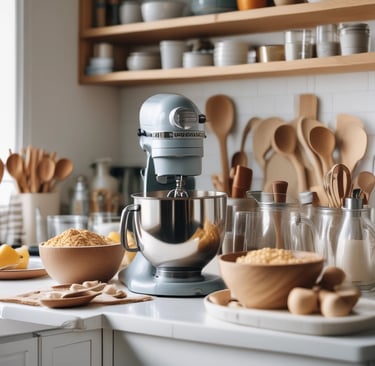 Kitchen with bowls and mixer.
