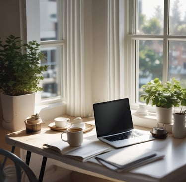 A cozy workspace with a laptop, a cup of coffee, and soft natural light streaming through a window.