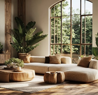 a living room with a couch and a large window