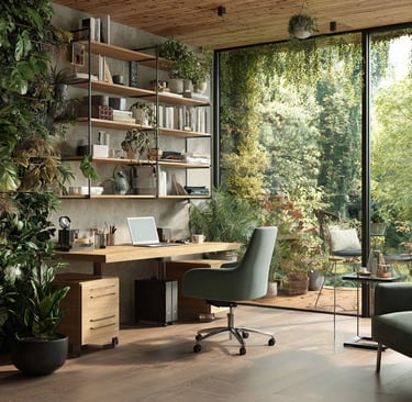 a home office, a wooden floor and a large window facing a garden