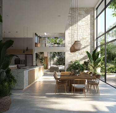 an open space with a kitchen island and a table and chairs