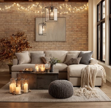 a living room with lanterns, candles and autumn atmosphere
