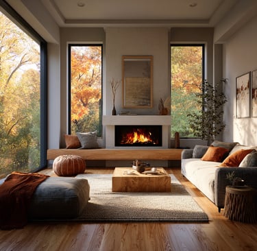 a living room with a fireplace and fall decor
