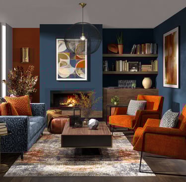 a living room with blue and dark orange hues