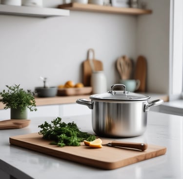 Non-toxic kitchen swaps 2026: stainless steel pot and wooden cutting board