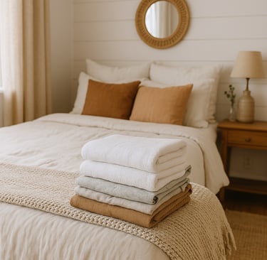 Cozy Airbnb setup with folded laundry