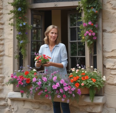 woman caring for her window box flowers