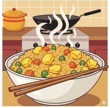 A close-up shot of a steaming bowl of homemade egg fried rice, garnished with green onions. 