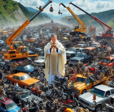 a priest in a white robe standing in a large amount of cars