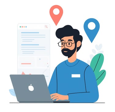 Um homem barbudo e de óculos sentado em frente a um laptop.