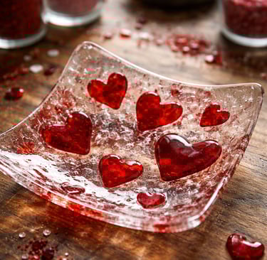 Fused glass dish with red hearts