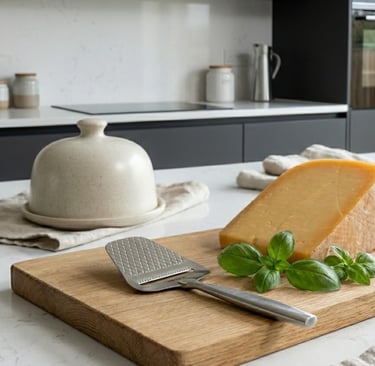 Een kaasplankje met kaas en basilicum op een snijplank.