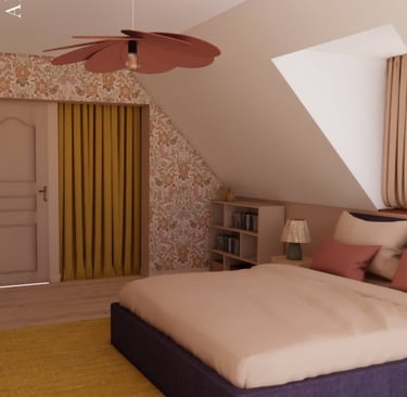 chambre décorée par Maison Mojo beige avec rideaux ocre et luminaire pétales terracotta