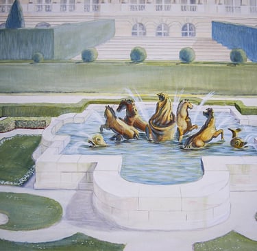 Detail of mural showing a hand painted fountain with golden horses at Versaille's garden