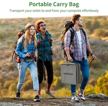 Campers carrying a dry flush toilet in a portable carrying bag.