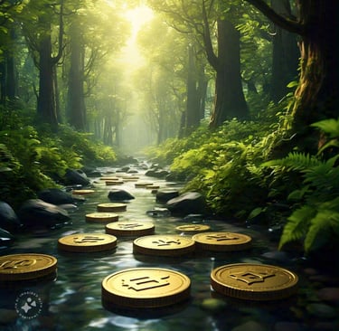 a stream of coins in a forest