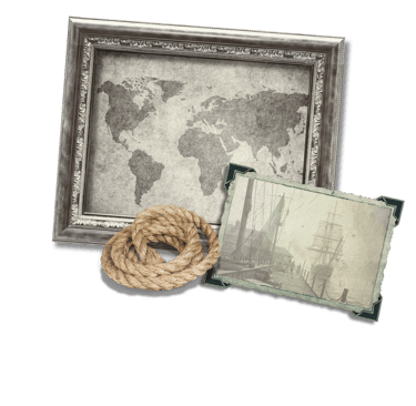 Old map, rope and vintage picture sailing vessel