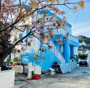 a blue house with a tree in the foreground