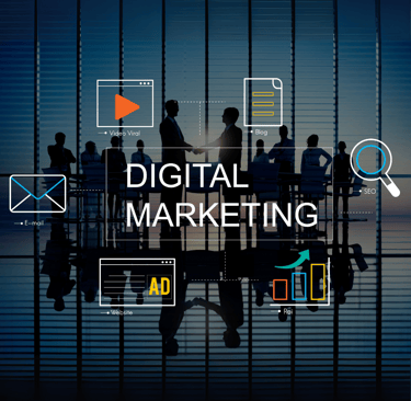Digital marketing concept with business silhouettes, "DIGITAL MARKETING" text, and strategy icons.