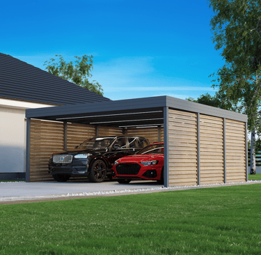 Nowoczesny carport samochodowy dwustanowiskowa z żaluzjami brązowymi