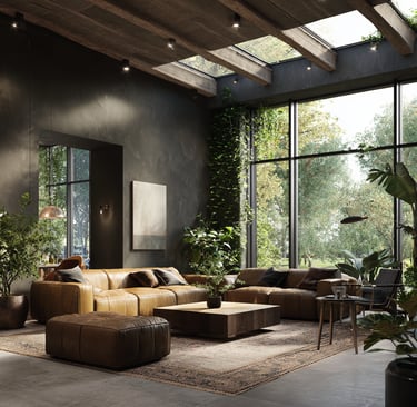 a living room with a couch and a large window and many plants