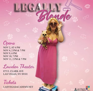 LVA's Legally Blonde musical poster. it's gradient pink with Elle wearing pink and posing with her chihuahua.