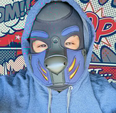 Man in a pup mask with a comic book background.