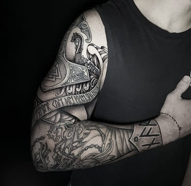 Tatouage Ragnarok bras complet. Full arm Ragnarok tattoo.