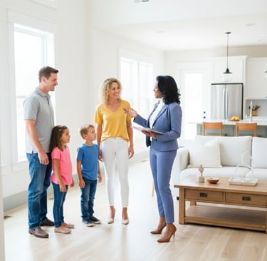 a family standing in a living room with a baby in the middle of the room