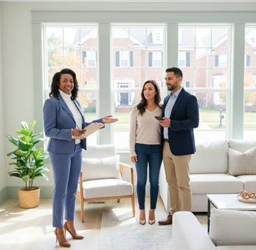 a couple of people standing in a living room