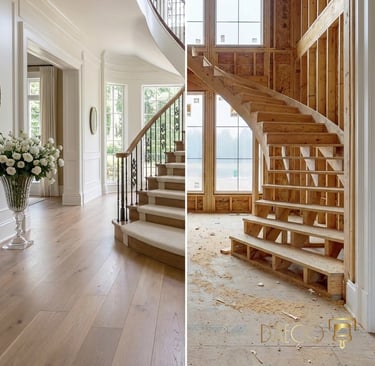 Split-screen comparison of a luxury custom home project by Daeco. Left: A finished high-end foyer fe