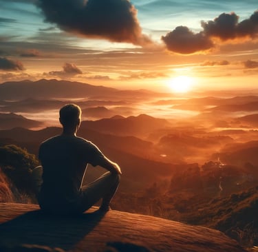 a man sitting on a rock looking at the sun