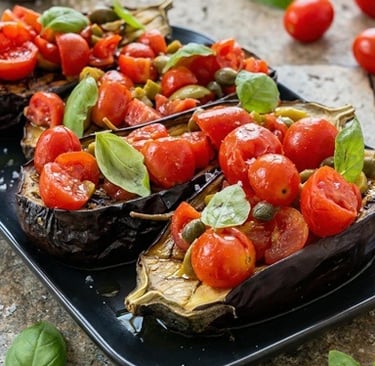 Ricetta semplici e genuina - Bruschetta di Melanzane con pomodorini, olive e capperi