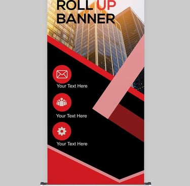 Corporate roll-up banner with urban backdrop and iconography.