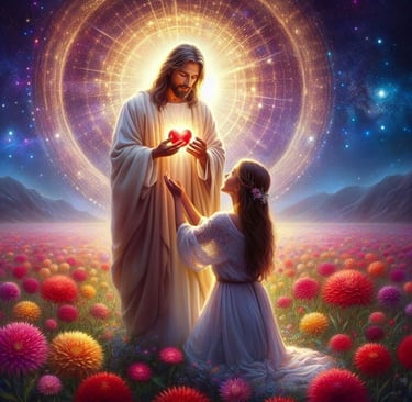 jesus is holding a heart shaped heart in the middle of a field