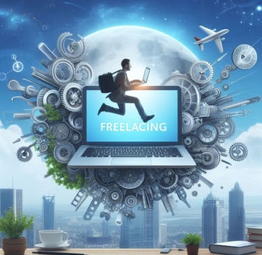 a man running on a laptop computer with a laptop and a backpack