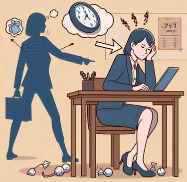 a woman sitting at a desk with a laptop and a clock