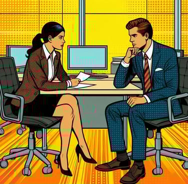 a man and woman in business suits sitting at a desk