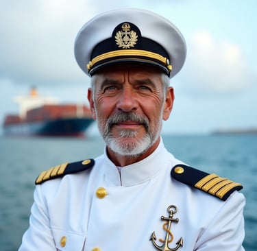 a man in a uniform with a ship in the background